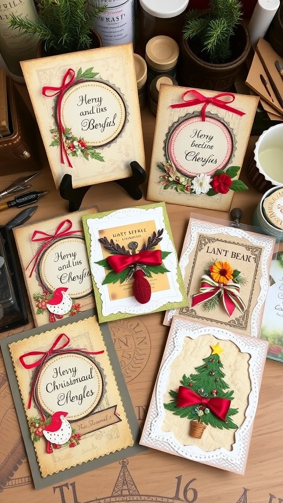 Handmade Christmas cards with vintage designs, layered textures, and festive embellishments on a crafting table.